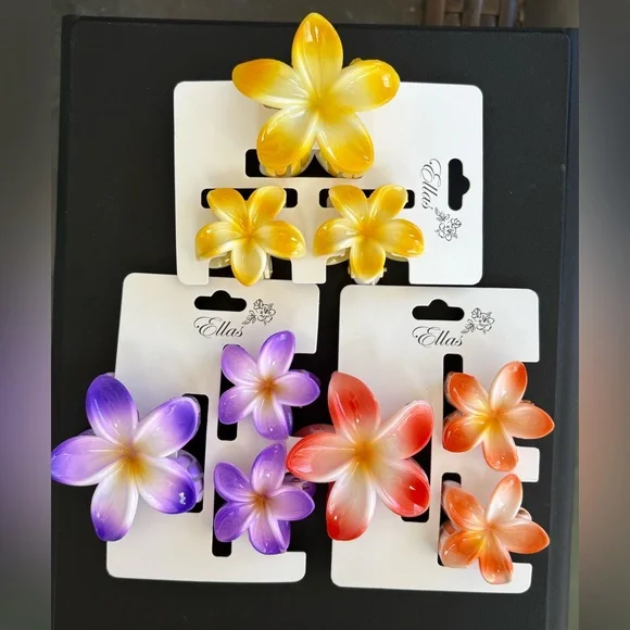 9 Pc Tropical Flower Hair Clips Set | 3 Colors Plumeria Floral Clips Bundle - Picture 1 of 4